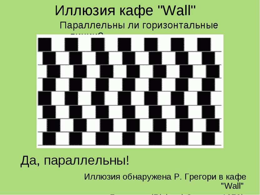 Иллюзия кафе "Wall" Параллельны ли горизонтальные линии? Иллюзия обнаружена Р...