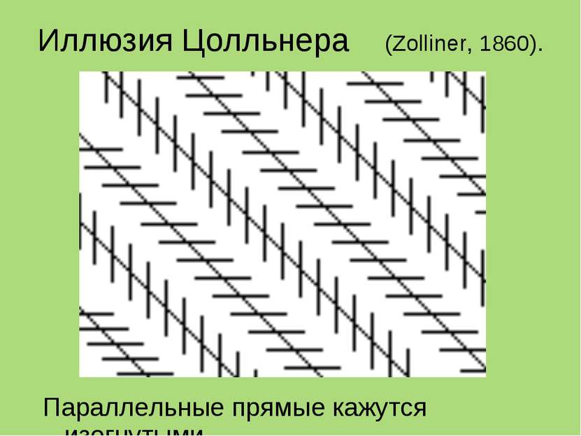 Иллюзия Цолльнера (Zolliner, 1860). Параллельные прямые кажутся изогнутыми.