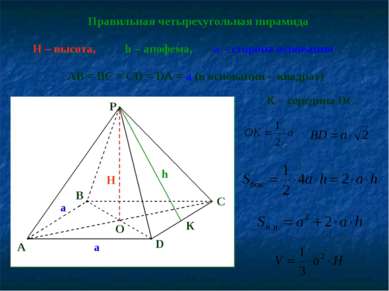Правильная четырехугольная пирамида h – апофема, H – высота, AB = BC = CD = D...