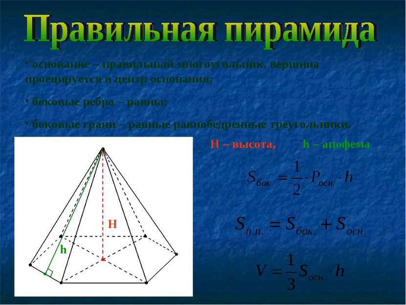 основание – правильный многоугольник, вершина проецируется в центр основания;...