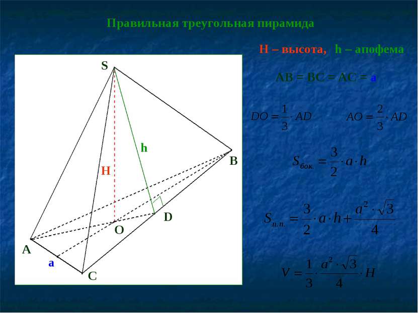 AB = BC = AC = a Правильная треугольная пирамида H – высота, h – апофема A O ...