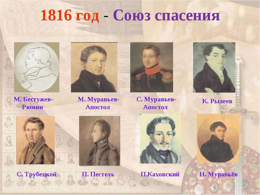 1816 год - Союз спасения М. Бестужев-Рюмин М. Муравьев-Апостол С. Муравьев-Ап...