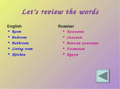 Let’s review the words Room Bedroom Bathroom Living room Kitchen Комната Спал...