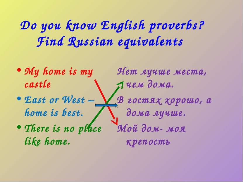 Do you know English proverbs? Find Russian equivalents My home is my castle E...