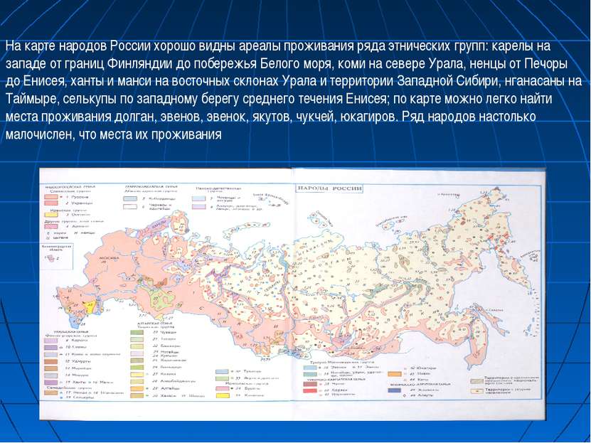 На карте народов России хорошо видны ареалы проживания ряда этнических групп:...