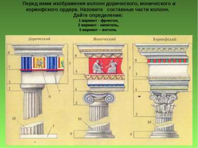 Перед вами изображения колонн дорического, ионического и коринфского ордера. ...