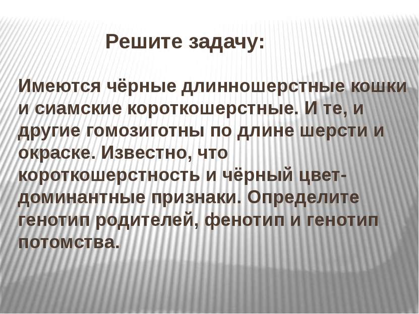 Решите задачу: Имеются чёрные длинношерстные кошки и сиамские короткошерстные...