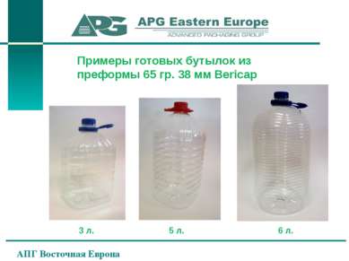 АПГ Восточная Европа Примеры готовых бутылок из преформы 65 гр. 38 мм Bericap...