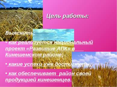 Цель работы: Выяснить: как реализуется национальный проект «Развитие АПК» в К...