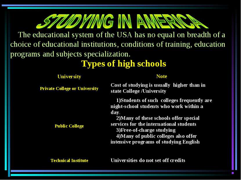 The educational system of the USA has no equal on breadth of a choice of educ...