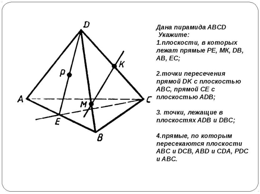 Дана пирамида ABCD Укажите: 1.плоскости, в которых лежат прямые РЕ, МК, DB, А...