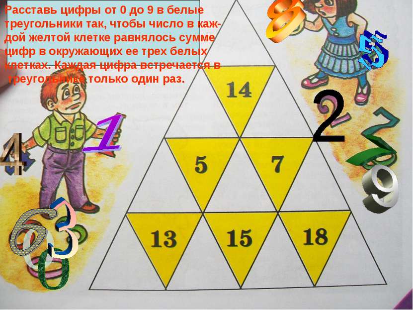 Расставь цифры от 0 до 9 в белые треугольники так, чтобы число в каж- дой жел...