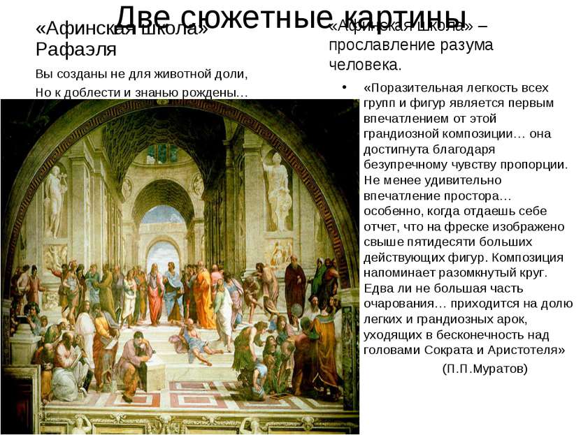 Две сюжетные картины «Афинская школа» Рафаэля «Афинская школа» – прославление...