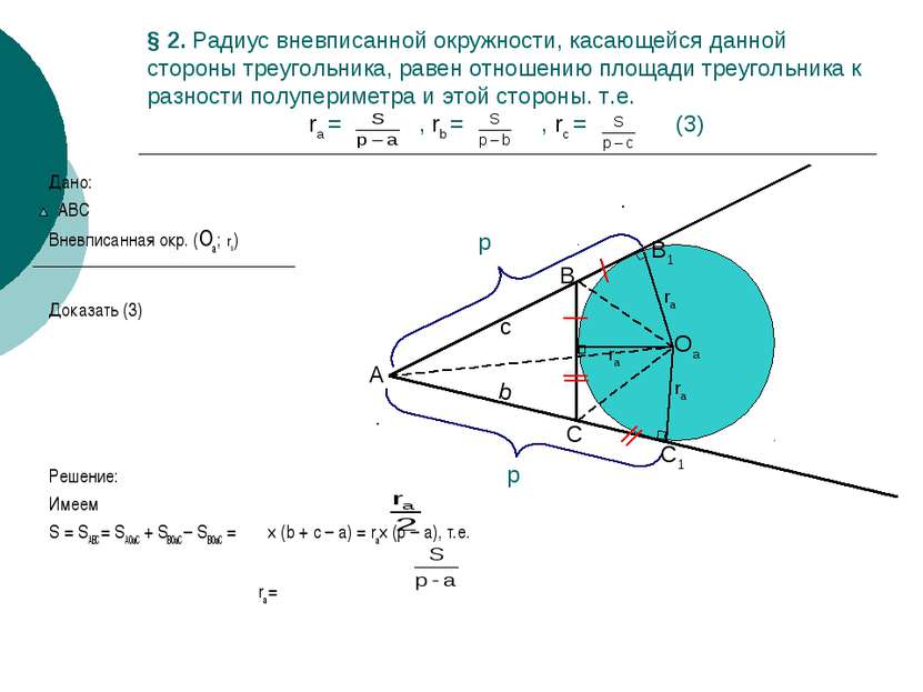 § 2. Радиус вневписанной окружности, касающейся данной стороны треугольника, ...