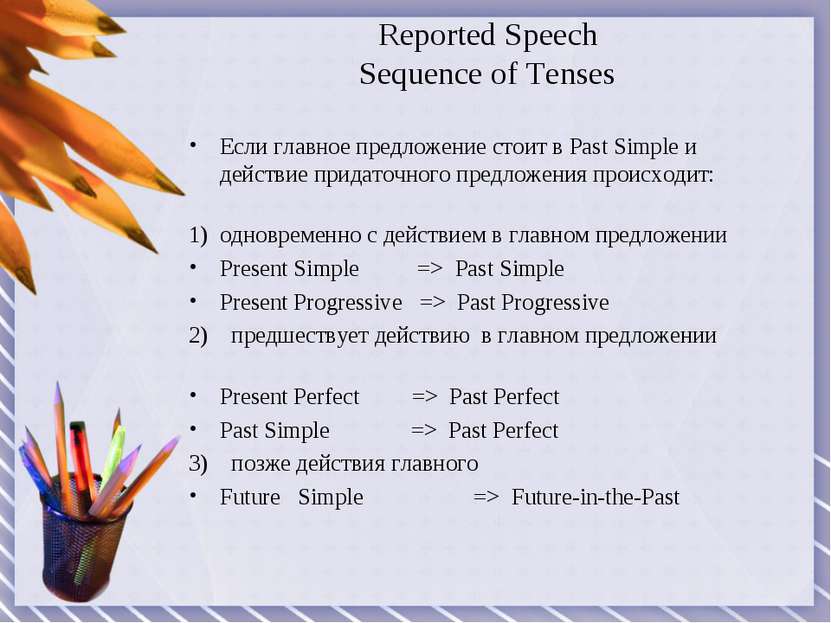 Reported Speech Sequence of Tenses Если главное предложение стоит в Past Simp...