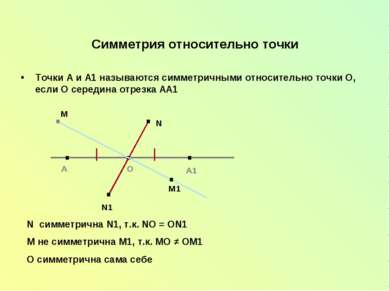 Симметрия относительно точки Точки А и А1 называются симметричными относитель...