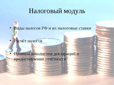 Налоговый модуль Виды налогов РФ и их налоговые ставки Расчёт налогов Правила...