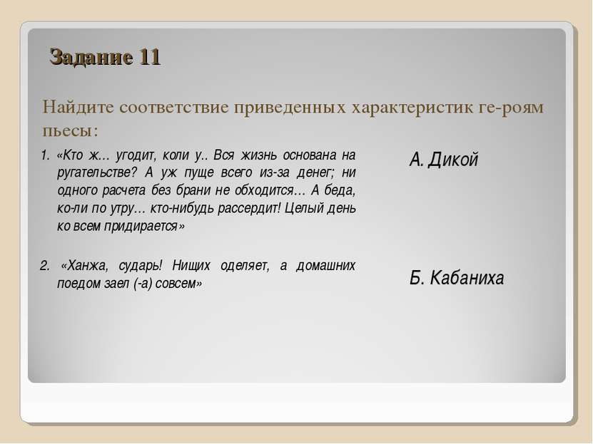 Задание 11 Найдите соответствие приведенных характеристик ге-роям пьесы: 1. «...