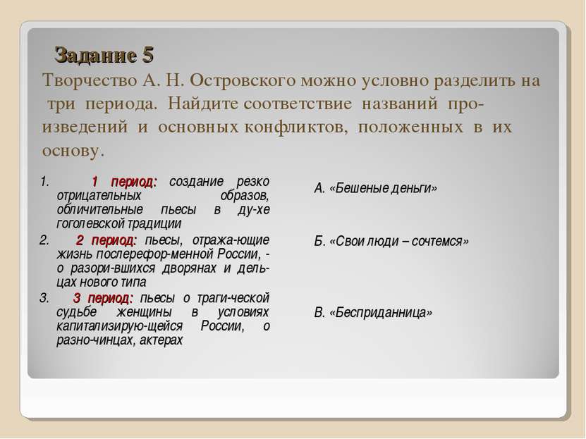 Задание 5 Творчество А. Н. Островского можно условно разделить на три периода...
