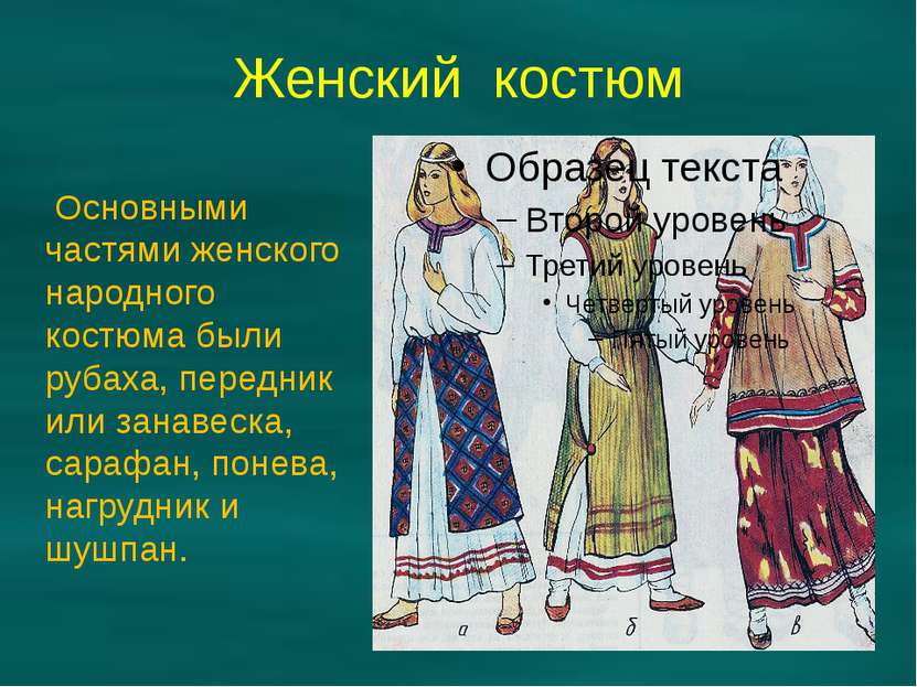Женский костюм Основными частями женского народного костюма были рубаха, пере...