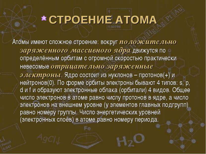 СТРОЕНИЕ АТОМА Атомы имеют сложное строение: вокруг положительно заряженного ...