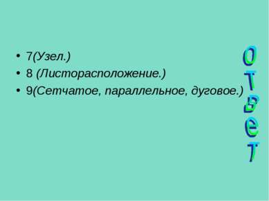 7(Узел.) 8 (Листорасположение.) 9(Сетчатое, параллельное, дуговое.)