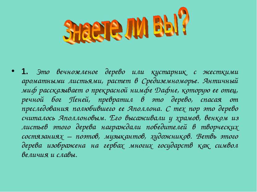 1. Это вечнозеленое дерево или кустарник с жесткими ароматными листьями, раст...