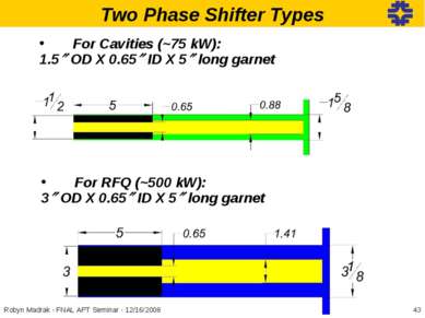 Two Phase Shifter Types For Cavities (~75 kW): 1.5 OD X 0.65 ID X 5 long garn...