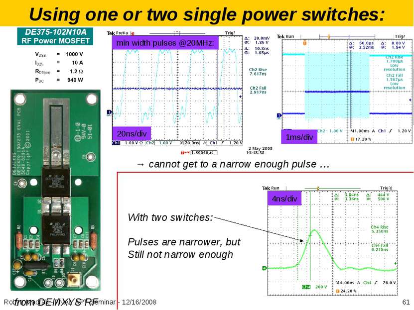 Using one or two single power switches: from DEI/IXYS RF min width pulses @20...