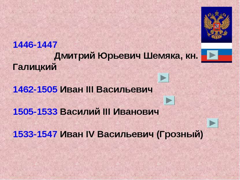 1446-1447 Дмитрий Юрьевич Шемяка, кн. Галицкий 1462-1505 Иван III Васильевич ...