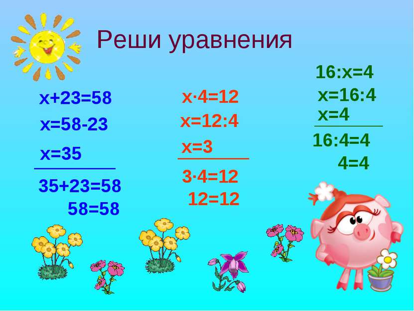 Реши уравнения x+23=58 x=58-23 x=35 35+23=58 58=58 x·4=12 x=12:4 x=3 3·4=12 1...