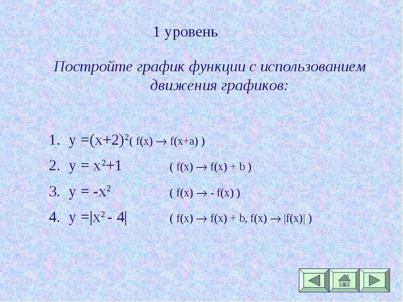 1 уровень Постройте график функции с использованием движения графиков: y =(x+...