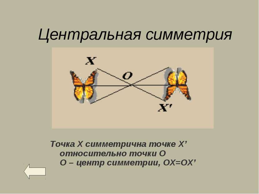 Центральная симметрия Точка Х симметрична точке X’ относительно точки О О – ц...