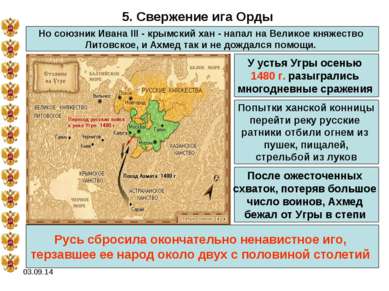 * 5. Свержение ига Орды Но союзник Ивана III - крымский хан - напал на Велико...