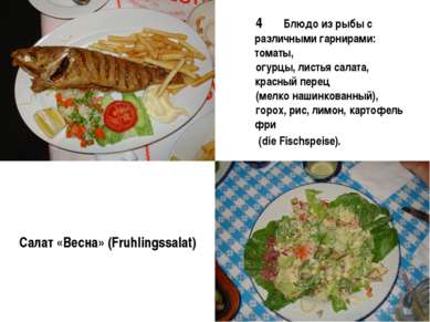 4 Блюдо из рыбы с различными гарнирами: томаты, огурцы, листья салата, красны...