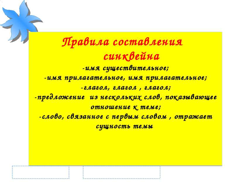 Правила составления синквейна -имя существительное; -имя прилагательное, имя ...