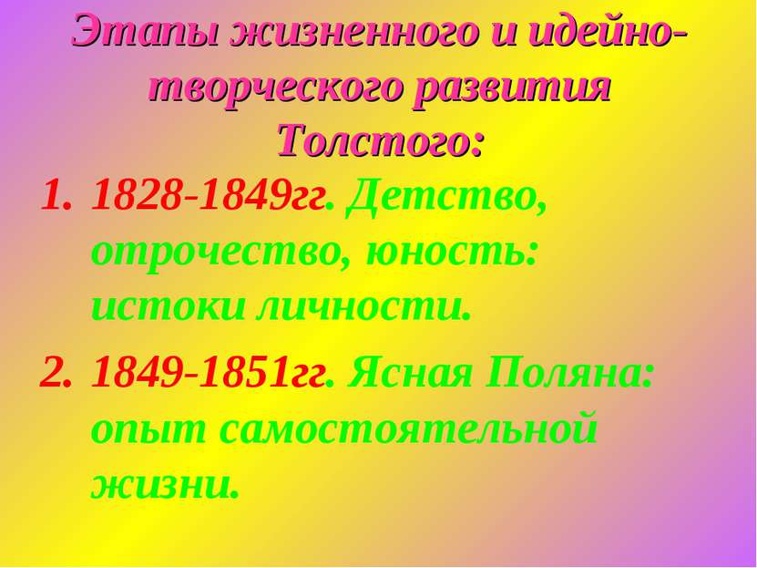 Этапы жизненного и идейно-творческого развития Толстого: 1828-1849гг. Детство...