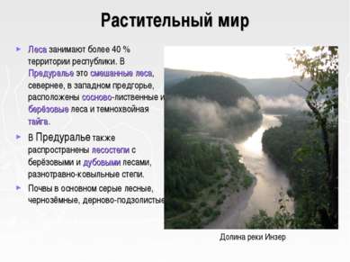 Растительный мир Леса занимают более 40 % территории республики. В Предуралье...