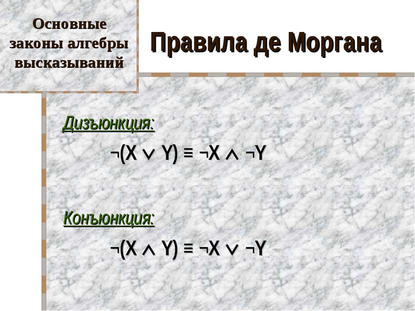 Правила де Моргана Дизъюнкция: ¬(X Y) ≡ ¬X ¬Y Конъюнкция: ¬(X Y) ≡ ¬X ¬Y Осно...