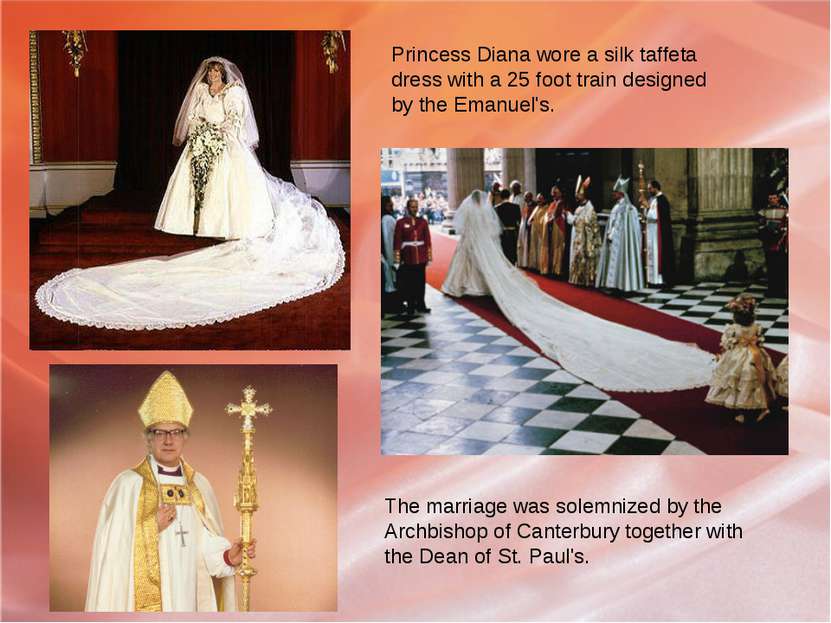 Princess Diana wore a silk taffeta dress with a 25 foot train designed by the...