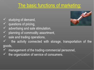 studying of demand, questions of pricing, advertising and sale stimulation, p...