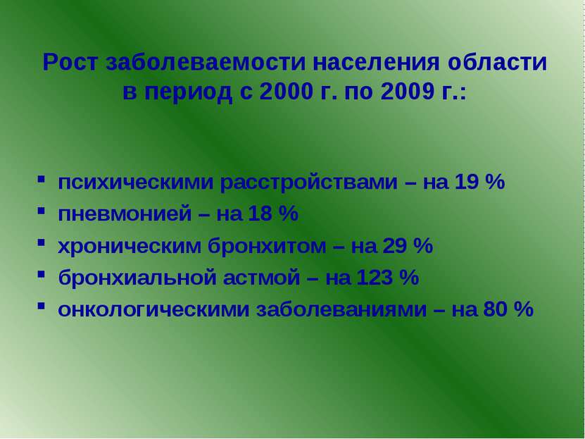 Рост заболеваемости населения области в период с 2000 г. по 2009 г.: психичес...