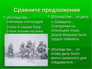 Сравните предложения (В)следстви… обильных снегопадов сосны в нашем бору стал...