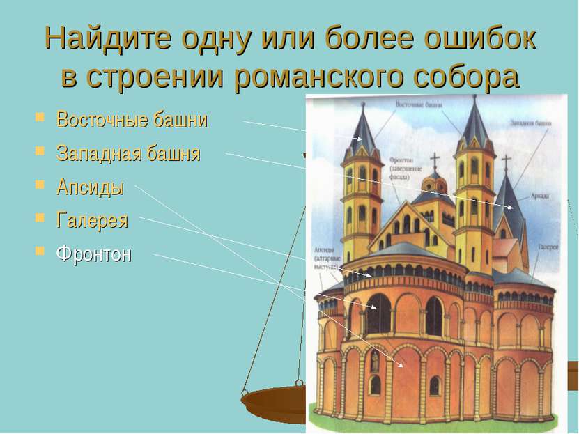 Найдите одну или более ошибок в строении романского собора Восточные башни За...