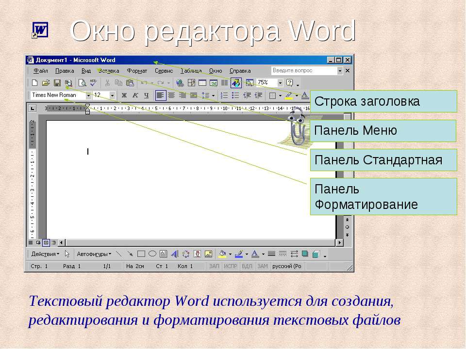 Строка главного меню. Панель форматирования текстового редактора в Ворде. Структура окна текстового редактора Word. Панель инструментов форматирование. Строка заголовка редактора.