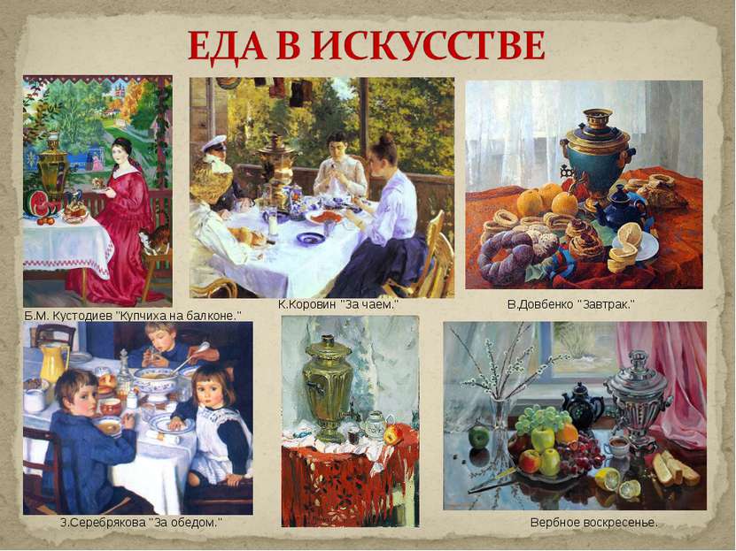 Б.М. Кустодиев "Купчиха на балконе." К.Коровин "За чаем." З.Серебрякова "За о...