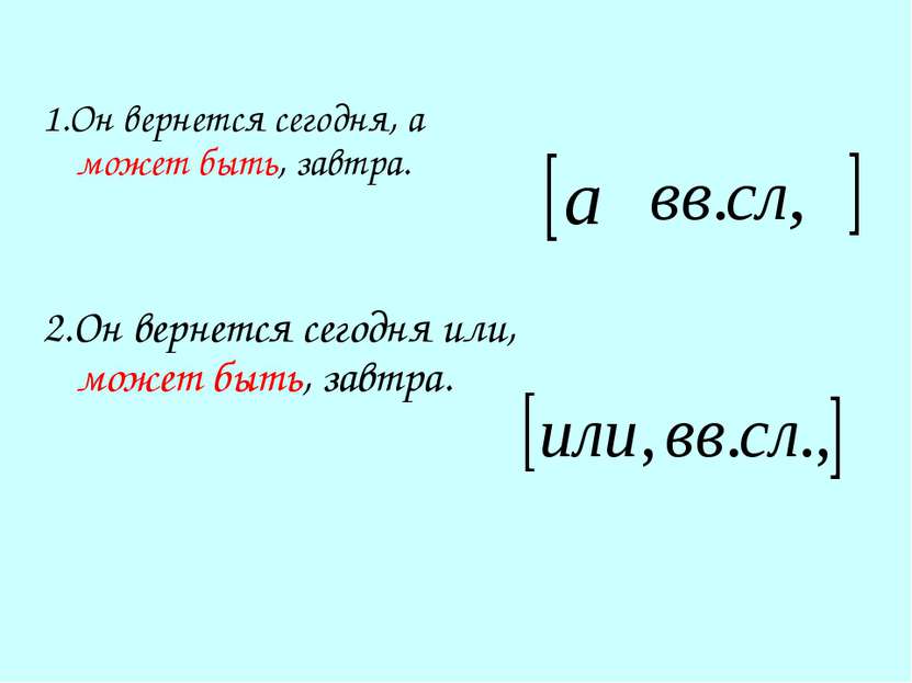 1.Он вернется сегодня, а может быть, завтра. 2.Он вернется сегодня или, может...