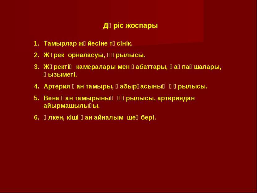 Дәріс жоспары Тамырлар жүйесіне түсінік. Жүрек орналасуы, құрылысы. Жүректің ...