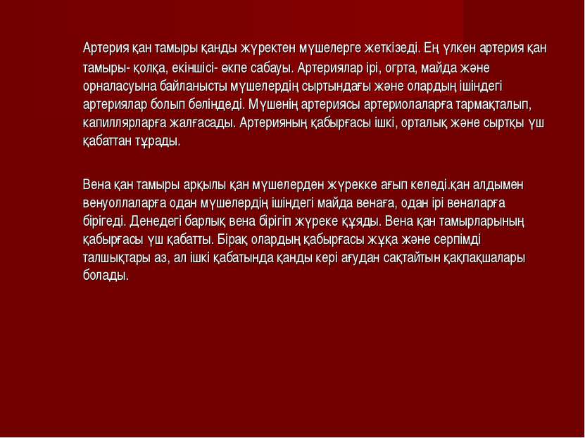 Артерия қан тамыры қанды жүректен мүшелерге жеткізеді. Ең үлкен артерия қан т...