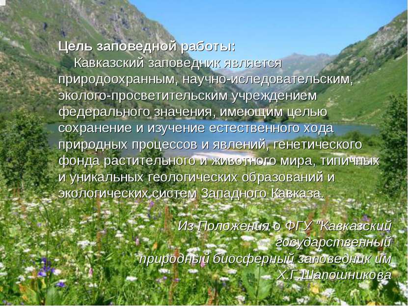 Цель заповедной работы:     Кавказский заповедник является природоохранным, н...